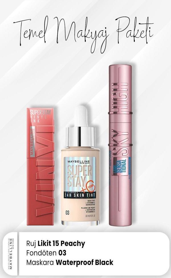 Maybelline New York Super Stay Fondöten 03, Sky High Maskara Waterproof Black ve Vinyl Ink Ruj 15 Peachy - Image 1