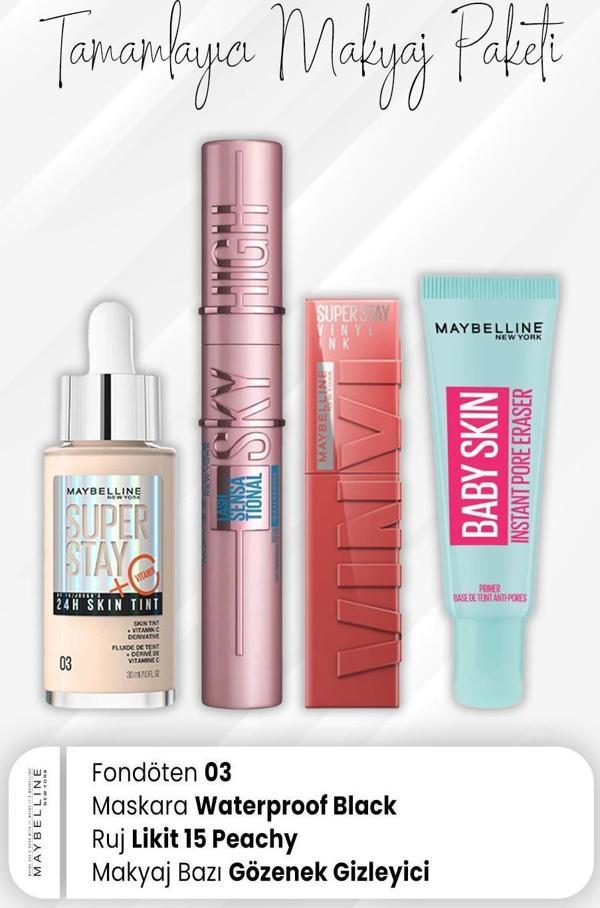 Maybelline New York Super Stay Fondöten 03, Sky High Maskara Waterproof Black, Vinyl Ink Ruj 15 Peachy ve Makyaj Bazı Ba - Image 1