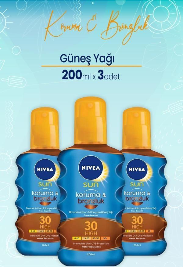 Nivea Sun Koruma Ve Bronzluk Güneş Yağı Gkf 30 200 Ml x 3 Adet - Image 1