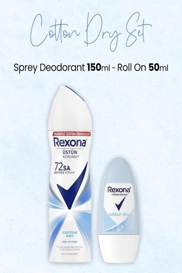 Rexona Cotton Dry  Kadın Sprey Deodorant 150 ml ve Antiperspirant Roll On 50 ml - Image 1