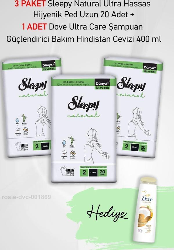 Sleepy Natural Ultra Hassas Hijyenik Ped Uzun 20 Adet X3 ve Dove Ultra Care Şampuan Güçlendirici Bakım Hindistan Cevizi  - Image 1