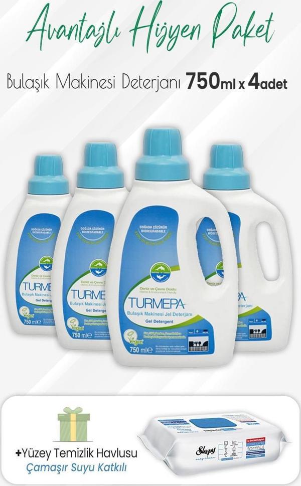 Turmepa Jel Bulaşık Makinesi 750 ml x 4 Adet ve Çamaşır Sulu Yüzey Temizlik 100' lü - Image 1