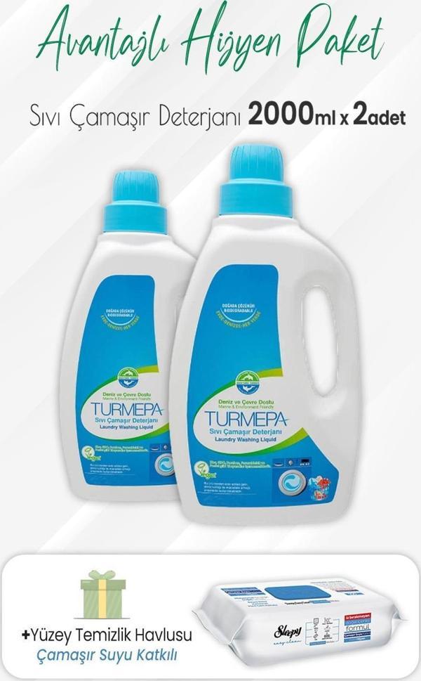 Turmepa Sıvı Çamaşır Deterjanı 2 lt x 2 Adet ve Çamaşır Sulu Yüzey Temizlik 100' lü - Image 1