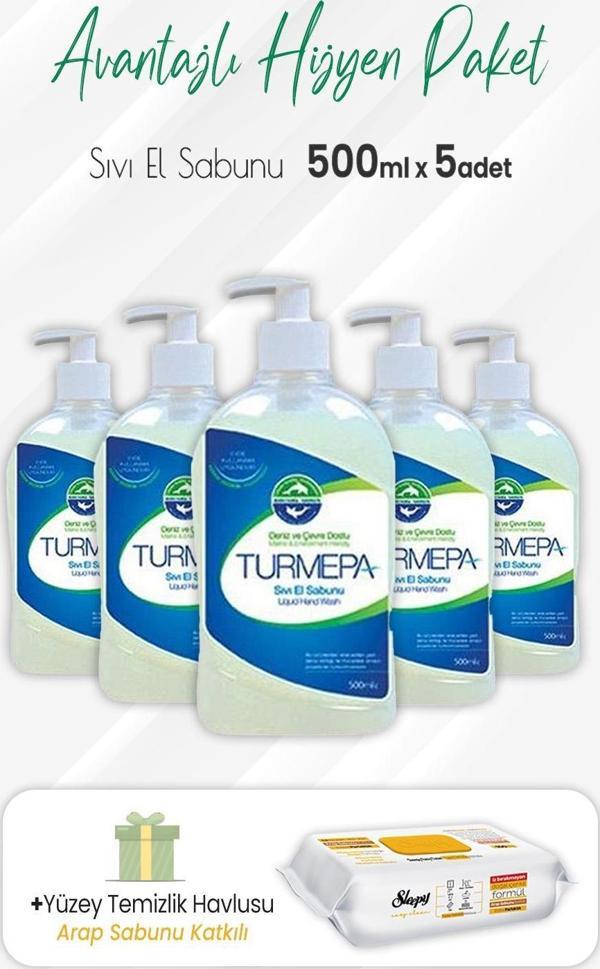 Turmepa Sıvı Sabun 500 ml x 5 Adet ve Arap Sabunlu Yüzey Temizlik 100' lü - Image 1