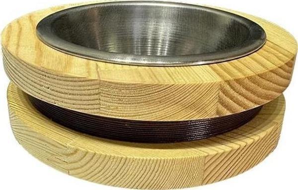 Fitline Hurma Jut Doğal Ahşap Çelik Kaseli Kaydırmaz Kedi Köpek Mama Kabı 18X18X5,4 Cm - Image 1