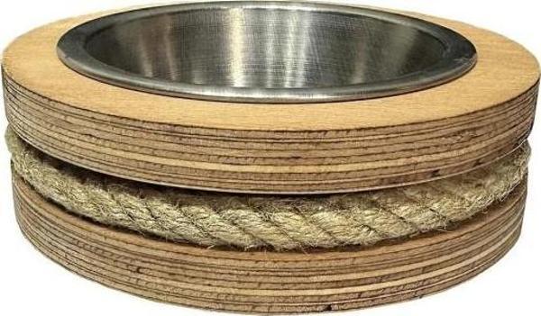 Fitline Tık Kahve Doğal Ahşap Çelik Kaseli Kaydırmaz Kedi Köpek Mama Kabı 18X18X5,4 Cm - Image 1