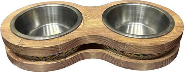 Fitline Doğal Ahşap Çelik Kaseli Kaydırmaz Hurma Renkli Kedi Köpek Mama Kabı 18X36X5,4 Cm - Image 1