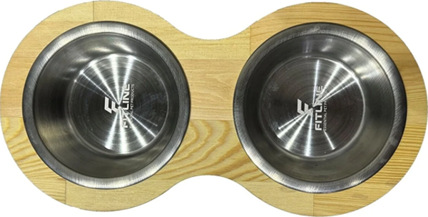 Fitline Doğal Ahşap Çelik Kaseli Kaydırmaz Tık Kahve Kedi Köpek Mama Kabı 18X36X5,4 Cm - Image 1