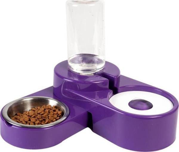 Miapet Köşeli Ayarlanabilir Hazneli Çelik Taslı Kedi Köpek Mama ve Su Kabı Seti Mor 1000 ml - Image 1