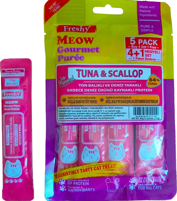Freshy Meow Gurme Ton Balıklı ve Deniz Taraklı Sıvı Kedi Ödülü 5'li Paket 60 Gr - Image 1