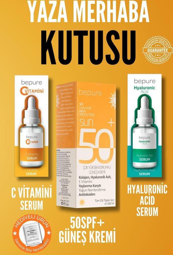 Bepure C Vitamini Serum 30Ml, Hyaluronic Acid Serum 30Ml Ve Güneş Kremi 100Ml 50 Spf+ Yaza Merhaba Kutusu - Image 1