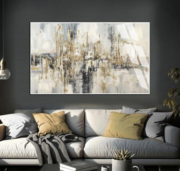 Harikabirev Gold - Gri Soyut Desenler Modeli 01 Çerçeveli Temperli Cam Tablo Tekli Yatay - Image 1
