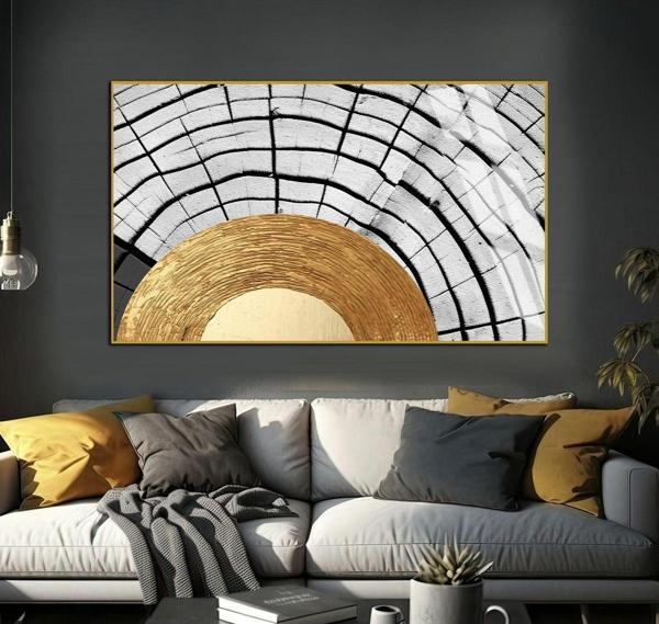 Harikabirev Gri - Gold Etnik Soyut Modeli Çerçeveli Temperli Cam Tablo Tekli Yatay - Image 1