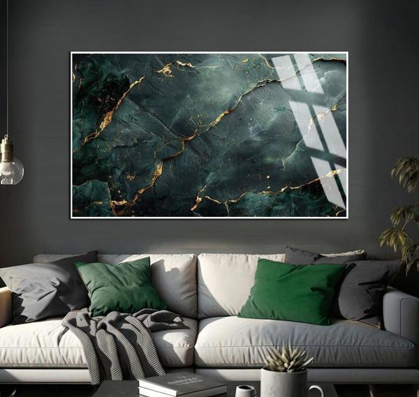 Harikabirev Gold Zümrüt Yeşil Soyut Model 01 Çerçeveli Temperli Cam Tablo Tekli Yatay - Image 1
