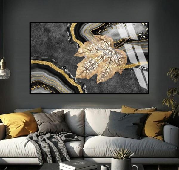 Harikabirev Gri - Gold Soyut Yaprak Desenli Model Çerçeveli Temperli Cam Tablo Tekli Yatay - Image 1