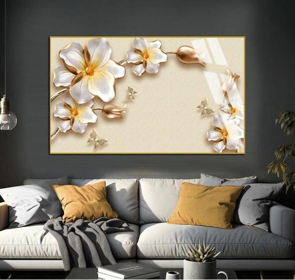 Harikabirev Krem - Gold Çiçekli Model 01 Çerçeveli Temperli Cam Tablo Tekli Yatay - Image 1