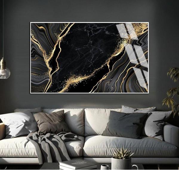 Harikabirev Siyah - Gold Marble Desen Soyut Modeli Çerçeveli Temperli Cam Tablo Tekli Yatay - Image 1