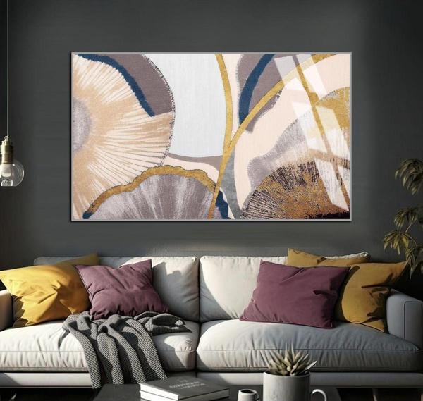 Harikabirev Soft Krem - Gold Soyut Şekilli Modeli Çerçeveli Temperli Cam Tablo Tekli Yatay - Image 1