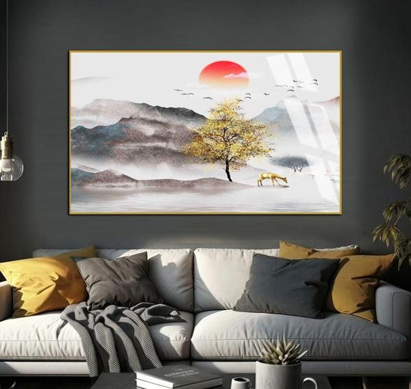 Harikabirev Soft Gri - Gold Renk Dağ Göl Manzara Modeli Çerçeveli Temperli Cam Tablo Tekli Yatay - Image 1