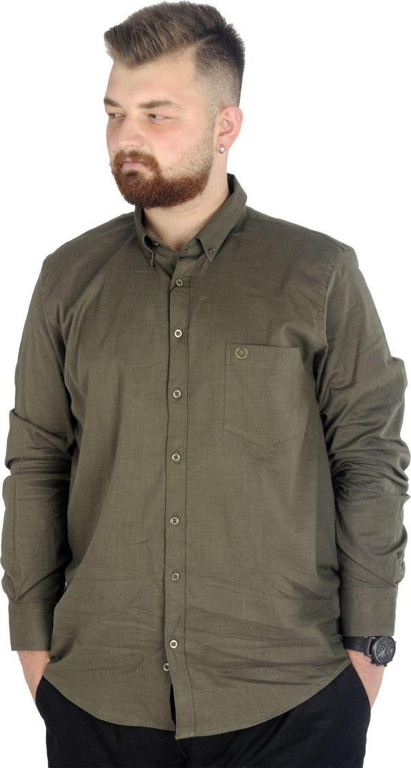 Modexl Büyük Beden Erkek Keten Cepli Gömlek 20386 Haki - Image 1