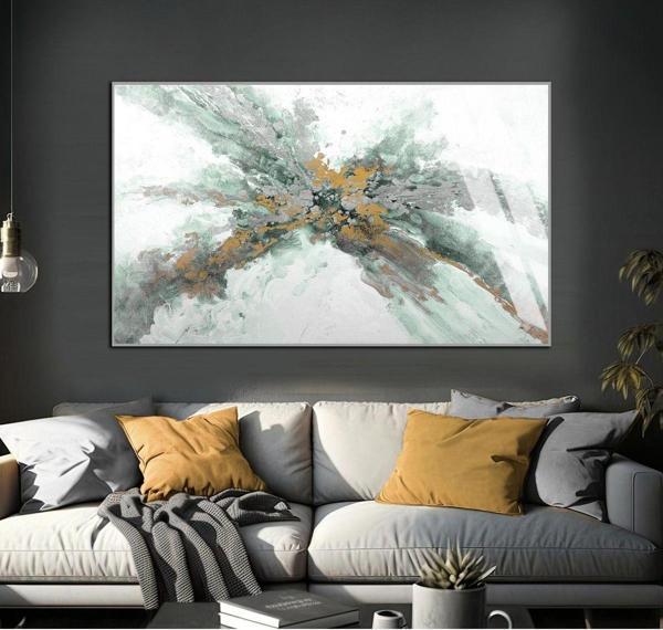 Harikabirev Yeşil - Gri - Sarı Soyut Şekilli Model 01 Çerçeveli Temperli Cam Tablo Tekli Yatay - Image 1