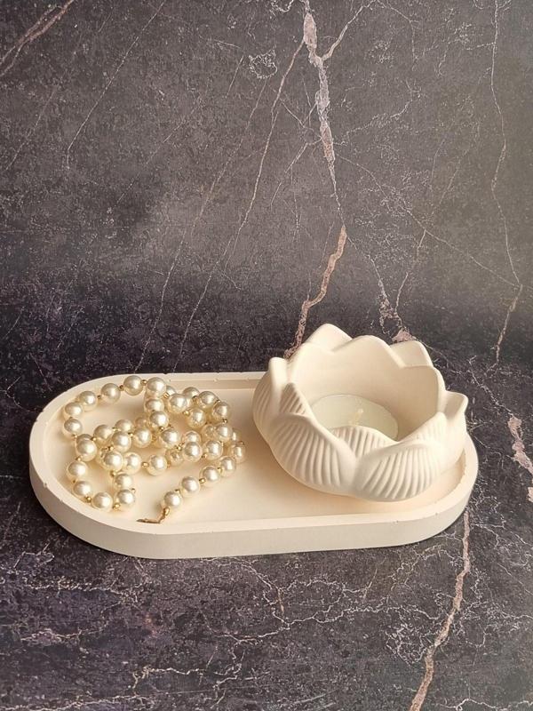 Havalı Tasarım Lotus Çiçeği Ve Oval Tabaklı Mum Set(Mumluk İçerisinde Dökülü Mum Gönderilir) - Image 1