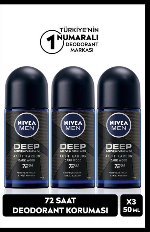 Nivea Men Deep Dimension Aktif Karbon 72 Saat Erkek Roll-On Deodorant 3 x 50 ML - Image 1
