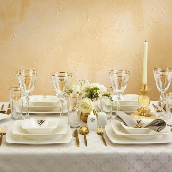 Emsan Fine Bone Fiore Gold 61 Parça 12 Kişilik Kare Yemek Takımı - Image 1