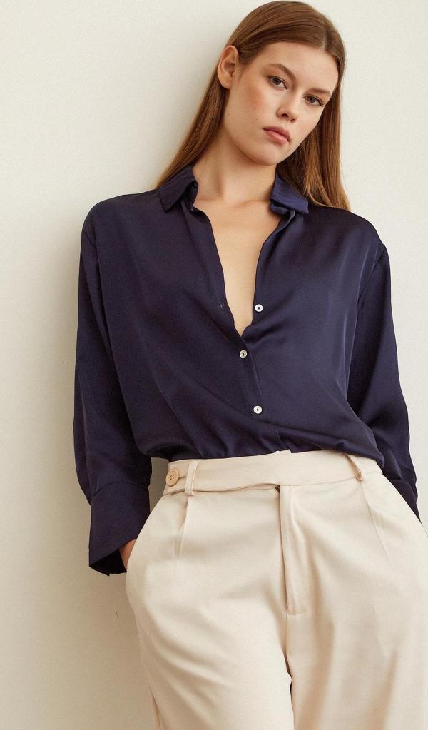 Basic Saten Gömlek Lacivert - Image 1