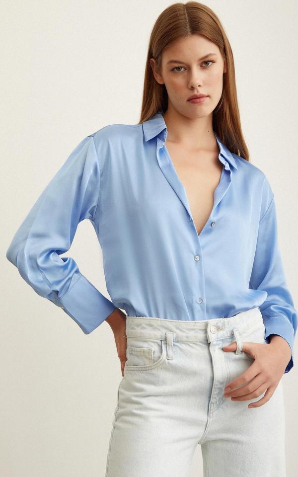 Basic Saten Gömlek Açık Mavi - Image 1