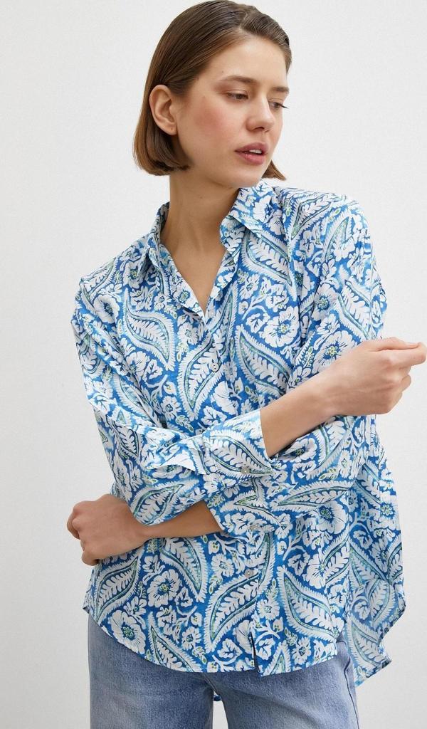 Şal Desen Modal Gömlek Mavi - Image 1