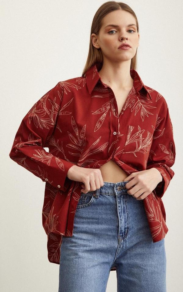 Çiçek Desenli Poplin Gömlek Kiremit - Image 1