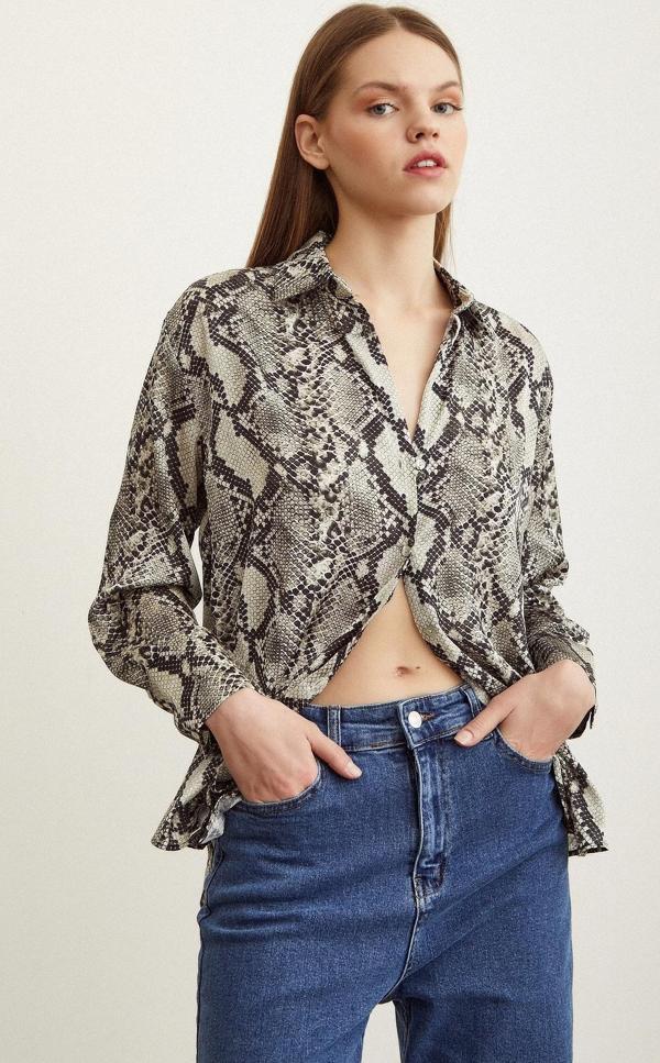 Yılan Desen Saten Gömlek Taş - Image 1