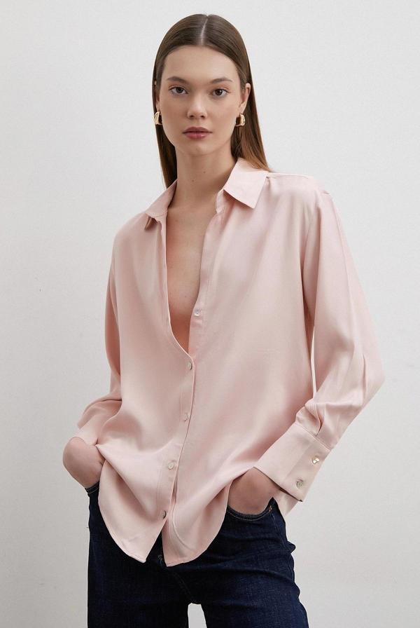 Floş Basic Saten Gömlek Pembe - Image 1