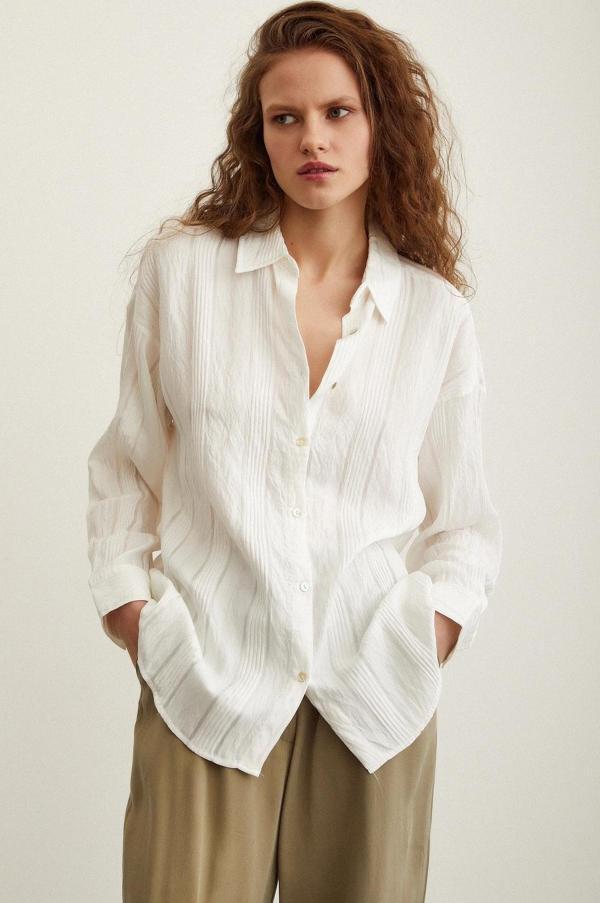 Dokulu Çizgili Gömlek Beyaz - Image 1