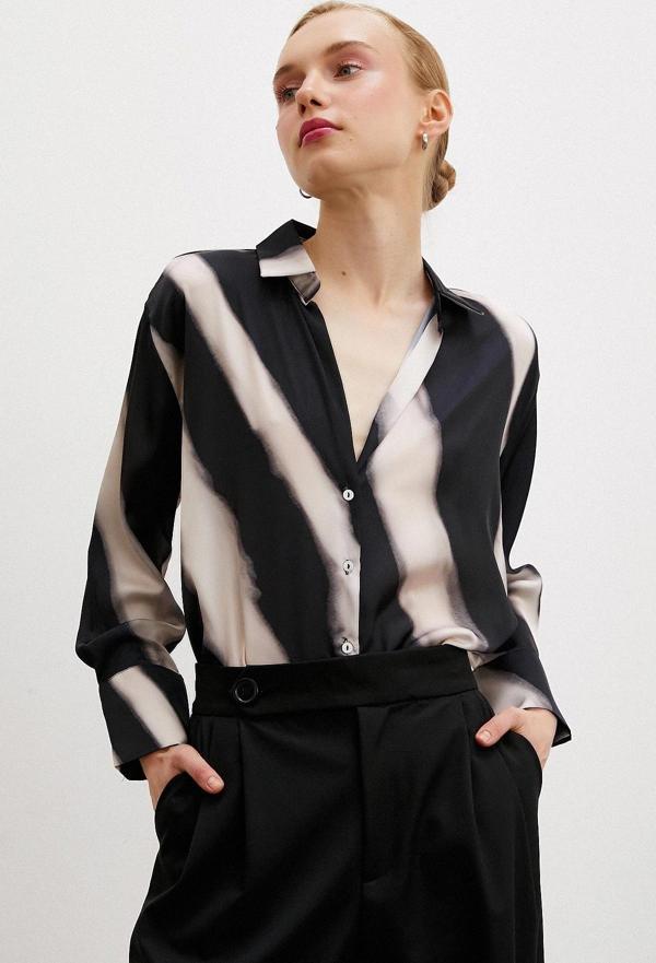 Desenli V Yaka Saten Gömlek Bej - Image 1