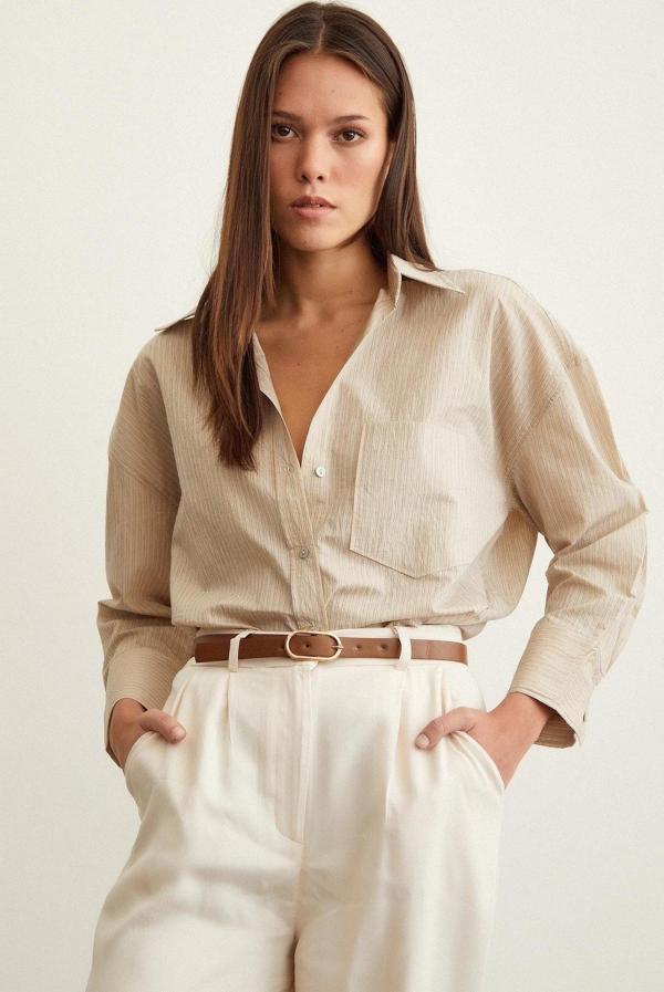 Çizgili Oversize Gömlek Bej - Image 1