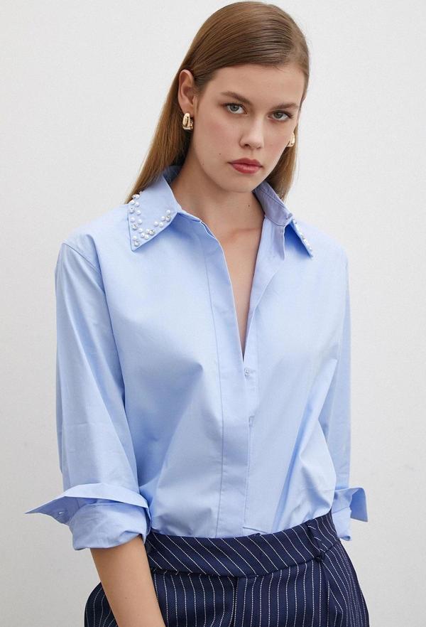 Yaka İncili Poplin Gömlek Mavi - Image 1