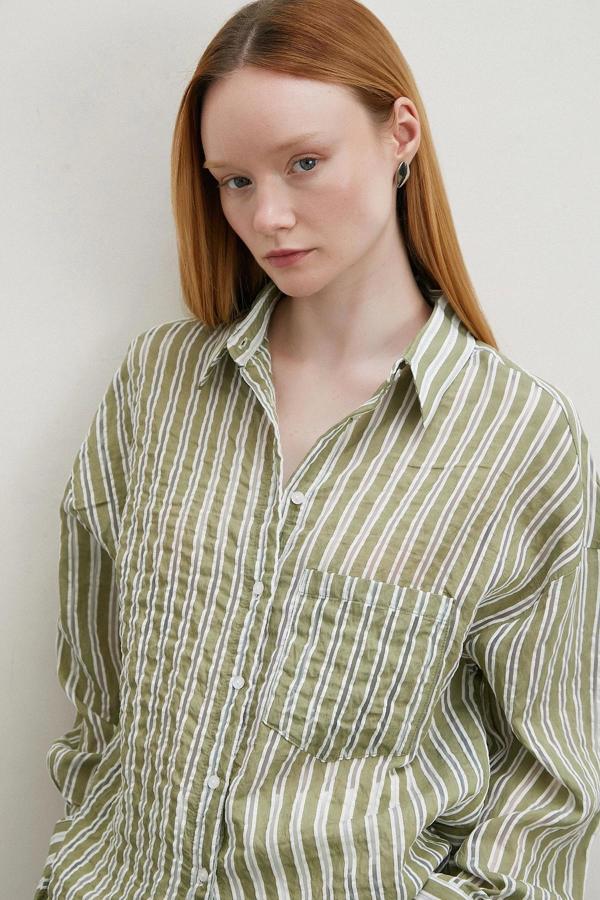 Transparan Çizgili Gömlek Haki - Image 1