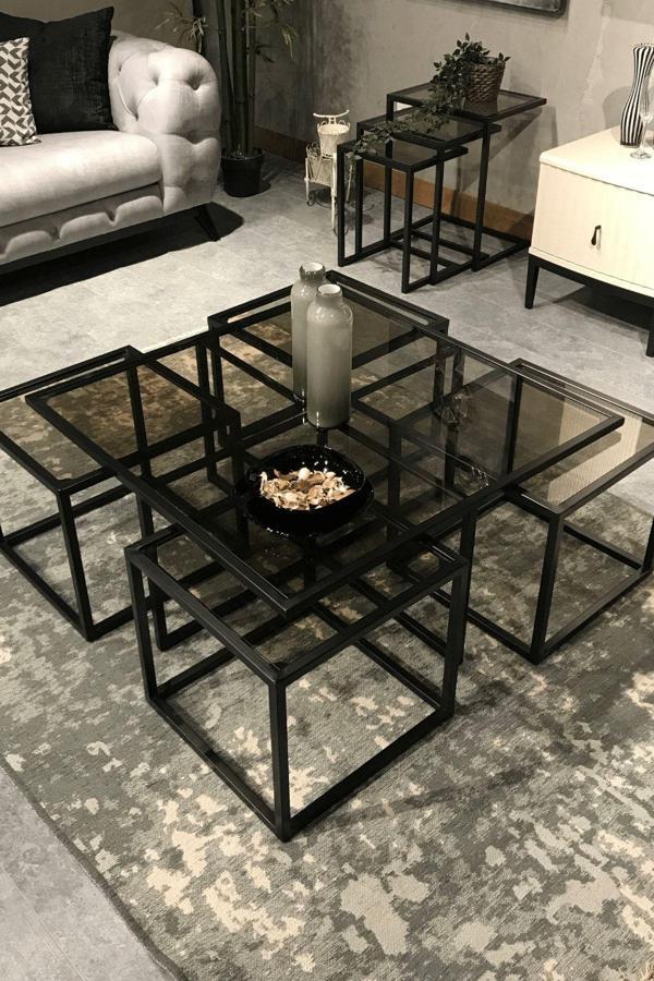 Mobievim Kante Kante Siyah Fırın Boya 5'Li Sehpa Seti 90x90 cm - Image 1