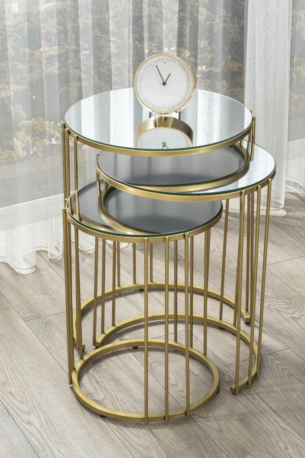 Mobievim Napoli Gold Metal Ayaklı Aynalı Zigon Sehpa 3'Lü 47x47 cm - Image 1