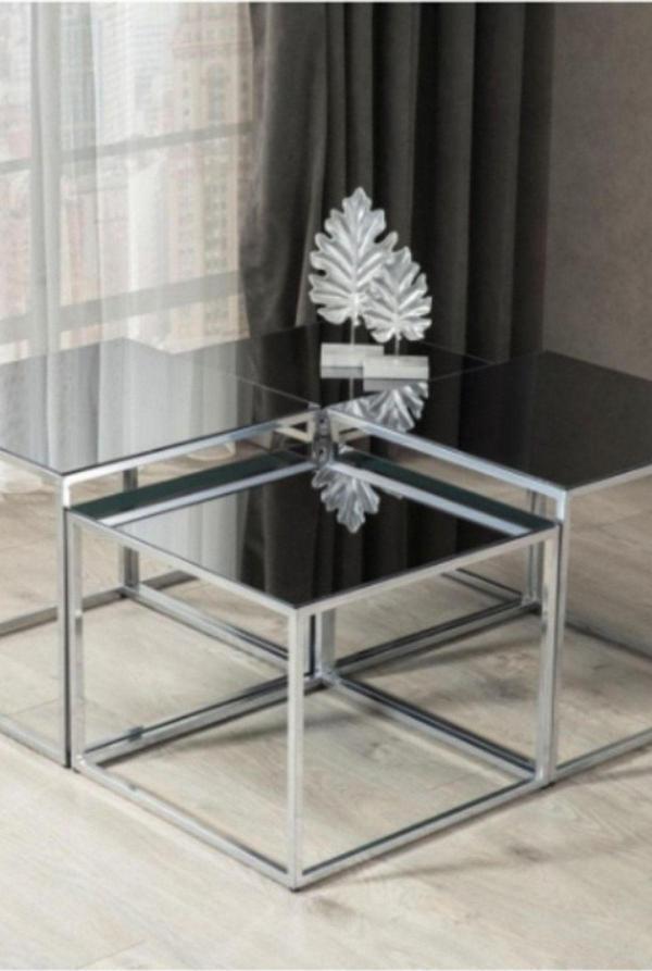 Mobievim Napoli Krom Metal Ayak Camlı Orta Sehpa 100x100 cm - Image 1