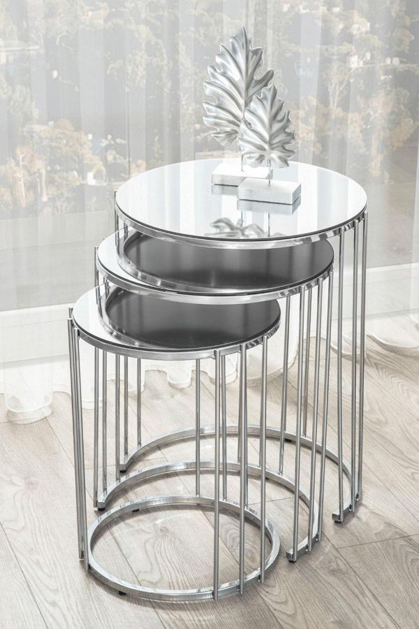 Mobievim Napoli Krom Metal Ayaklı Aynalı Zigon Sehpa 3'Lü 47x47 cm - Image 1