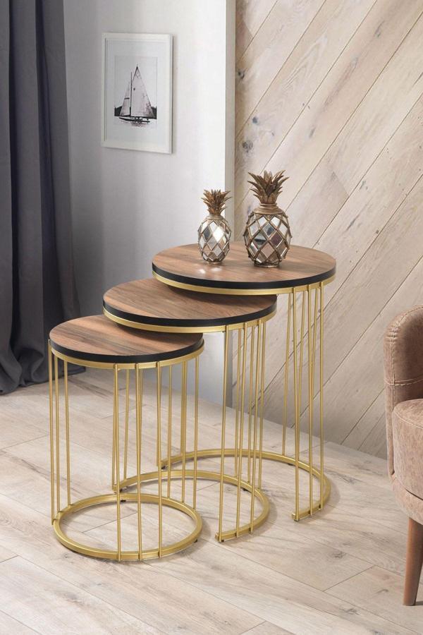 Mobievim Roma Gold Metal Ayaklı Ceviz Kaplama Mdf'Li Zigon Sehpa 47x47 cm - Image 1