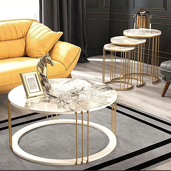 Mobievim Roma Gold Metal Ayaklı Mermer Desenli Mdf'Li Sehpa Seti 47x47 cm - Image 1