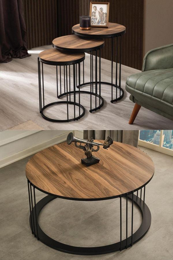 Mobievim Roma Siyah Metal Ayaklı Ceviz Kaplama Mdf Sehpa Seti 47x47 cm - Image 1