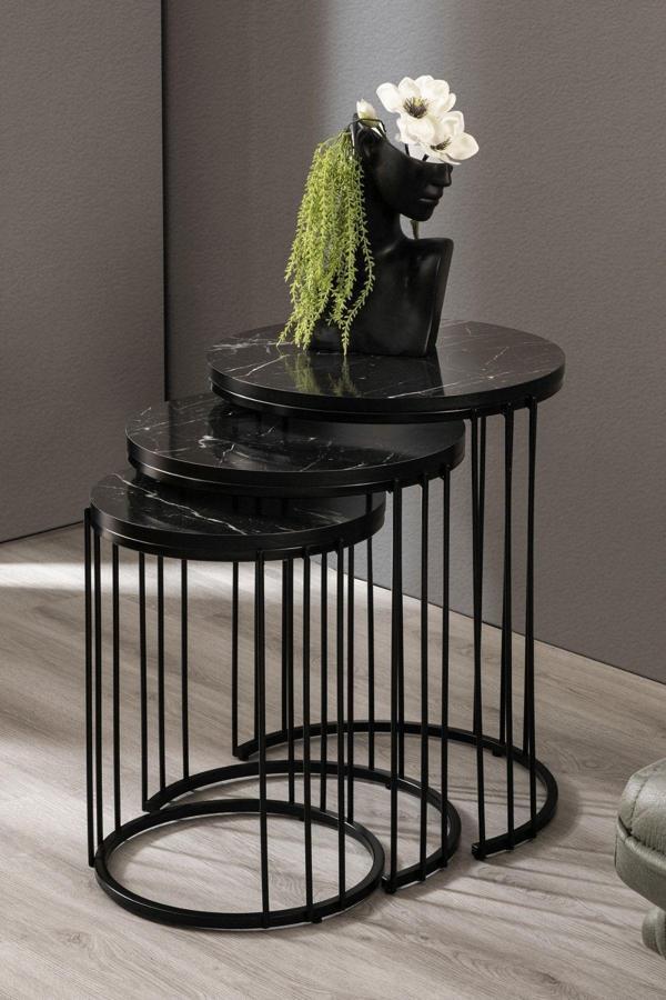 Mobievim Roma Siyah Metal Ayaklı Mermer Desenli Mdf'Li Zigon Sehpa 45x45 cm - Image 1