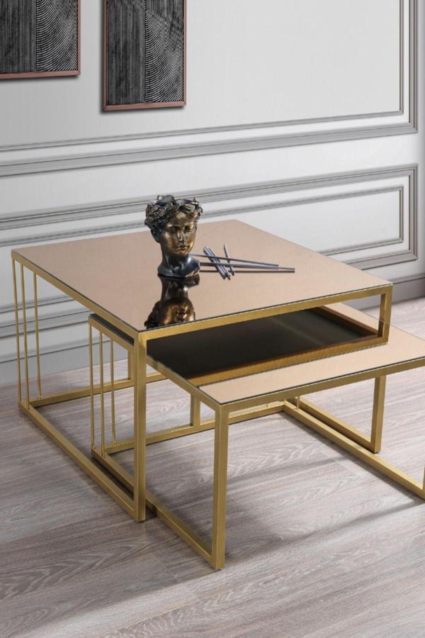 Mobievim Siena Gold Metal Ayaklı Bronz Aynalı Orta Sehpa Takımı 70x70 cm - Image 1