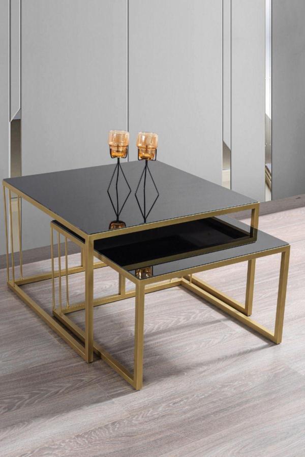 Mobievim Siena Gold Metal Ayaklı Siyah Camlı Orta Sehpa Takımı 70x70 cm - Image 1