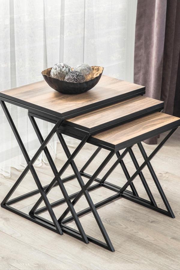 Mobievim Venedik Siyah Metal Ayaklı Ceviz Kaplama Zigon Sehpa 55x40 cm - Image 1